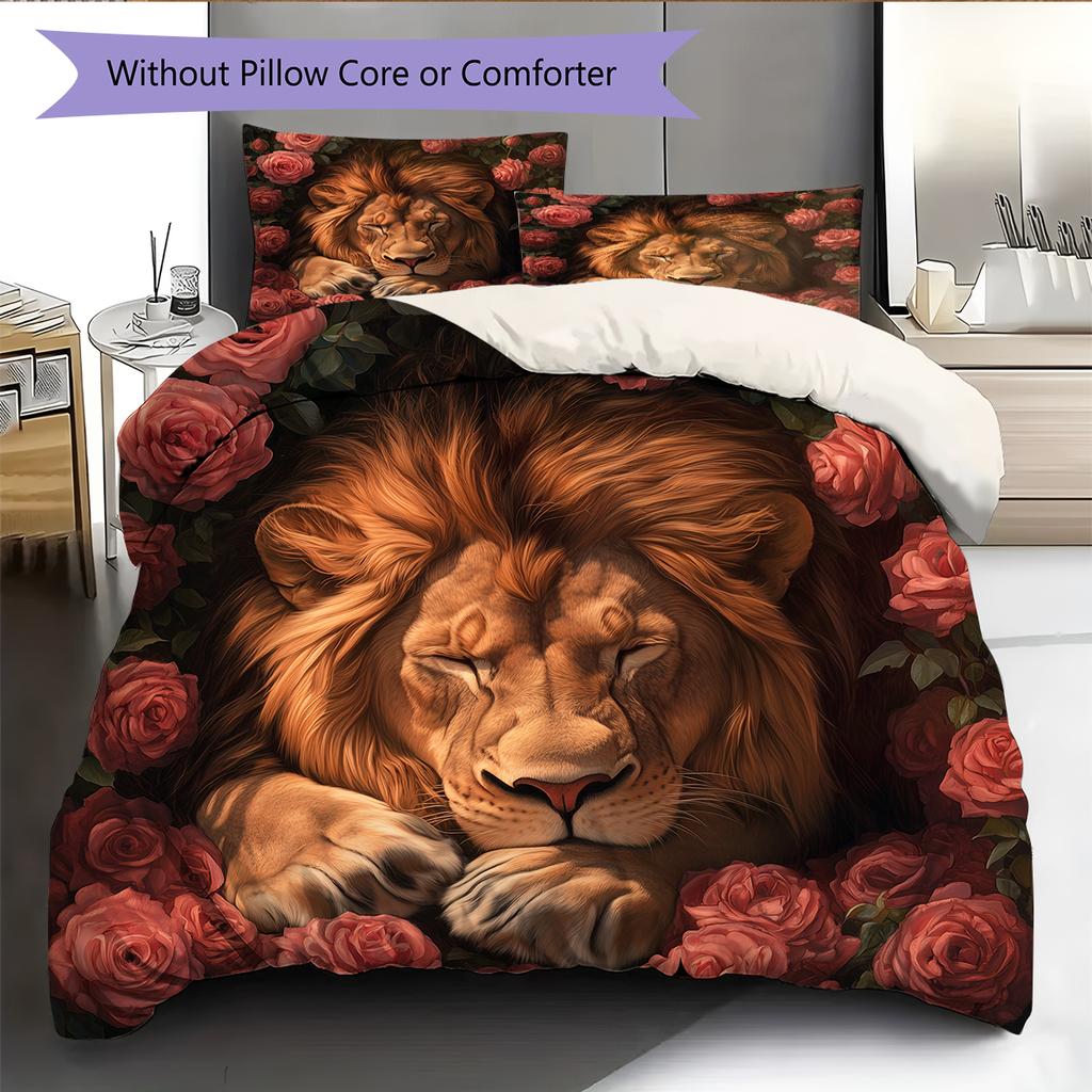 Lion and Rose Pattern Bedding Home Decoration Birthday Gift (1 * duvet cover + 2 * pillowcase, without core)