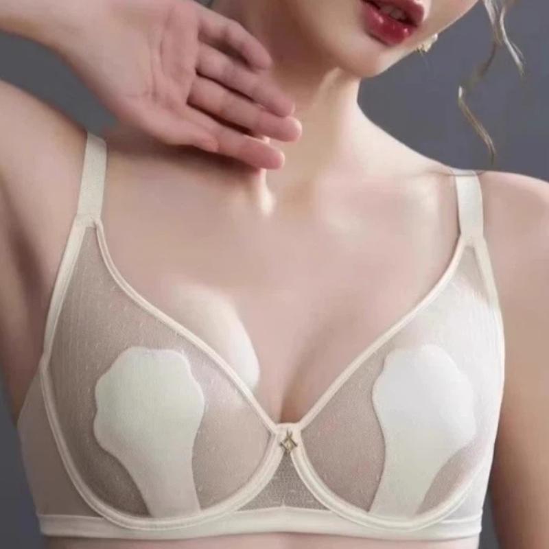 

Beige Sheer Mesh Bra with Floral Support Pads and Adjustable Straps S білий