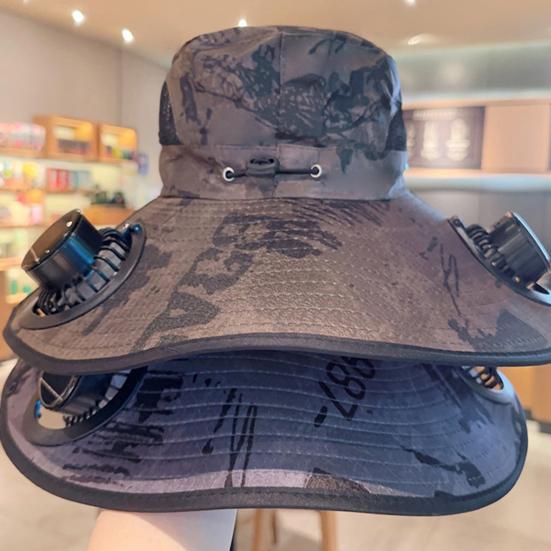 Fisherman Hat with 2 Adjustable Solar Fans Lightweight Breathable Wide Brim Solar Powered Fan Hat Outdoor Sun Protection Cap