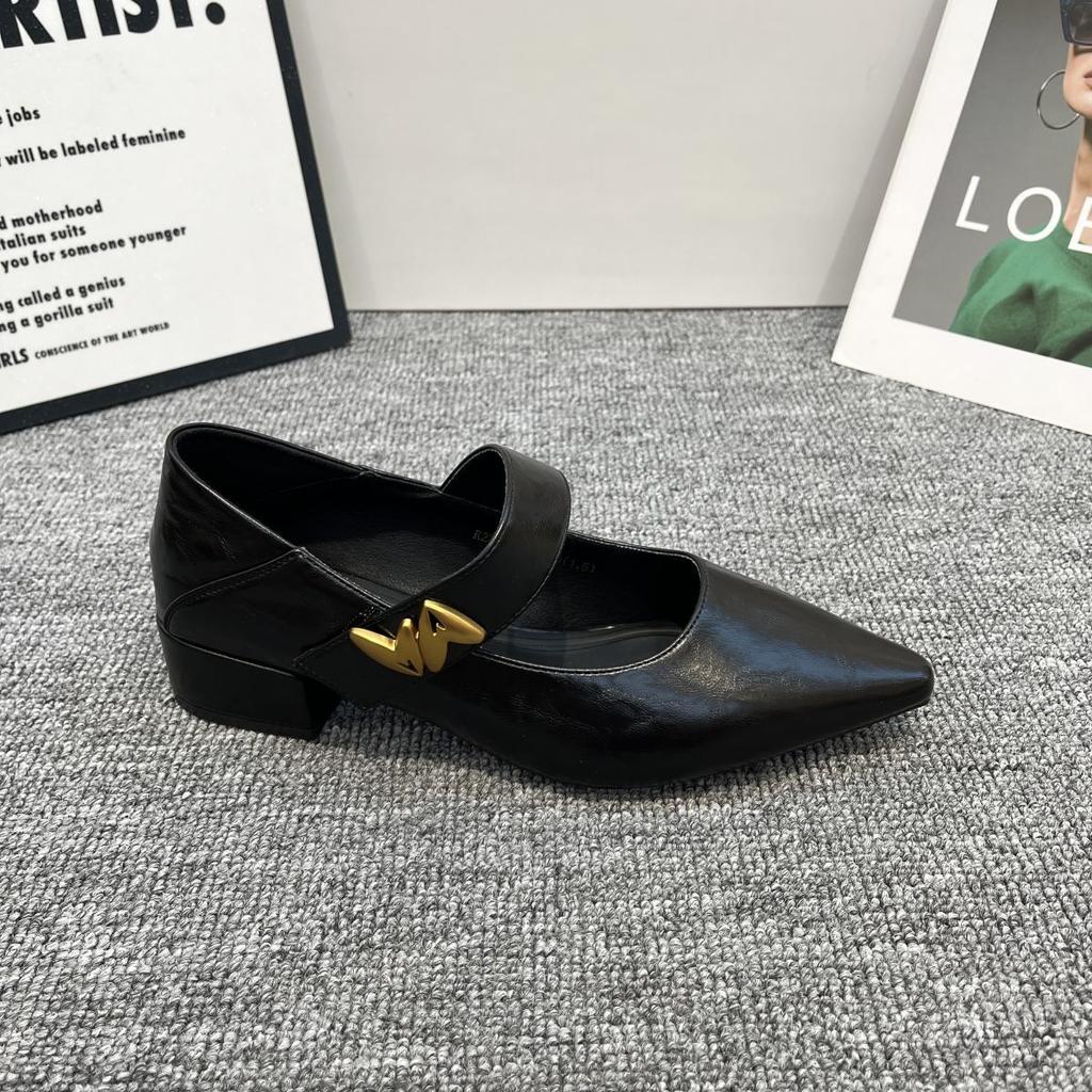 French thick heel single shoes women's 2025 autumn new metal buckle pointed head shallow mouth foreign style word with Mary Jane women's shoes