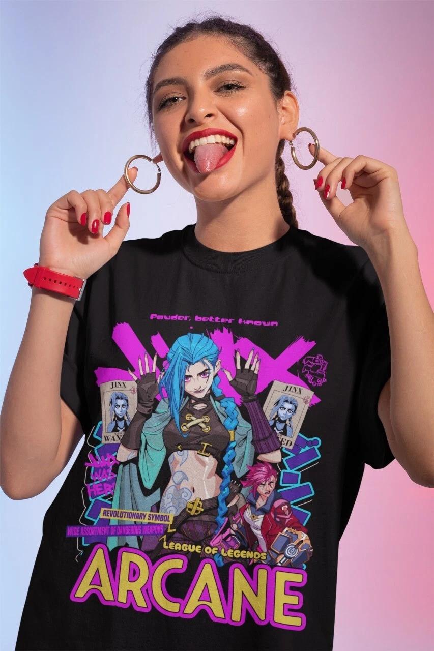 Футболка Jinx Arcane Японское аниме Мультяшная девушка Jinx Arcane Графическая футболка Подарок M
