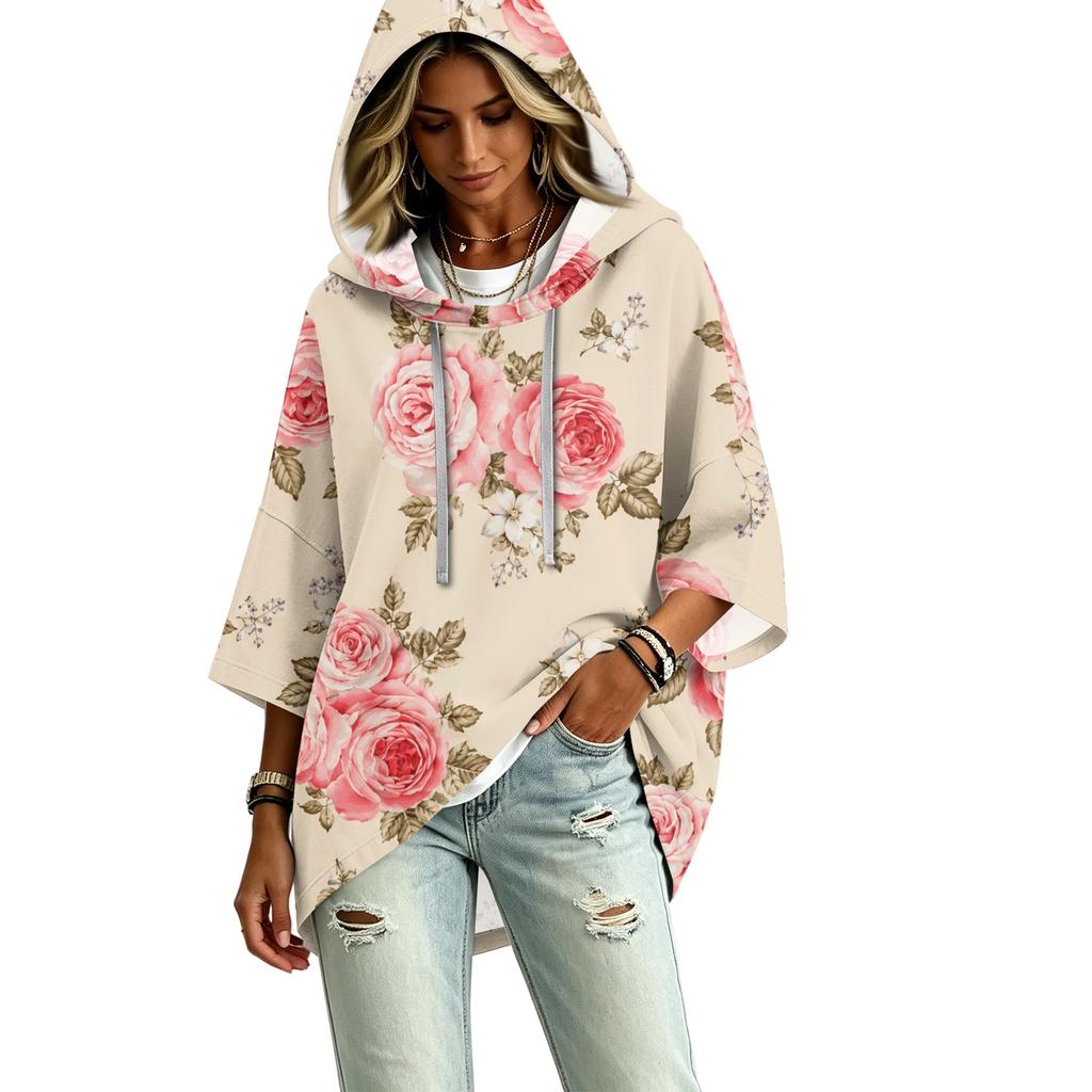 Damen Dreiviertelarm Kapuzenpullover mit Blumenprint Pullover Top Lässige Mode