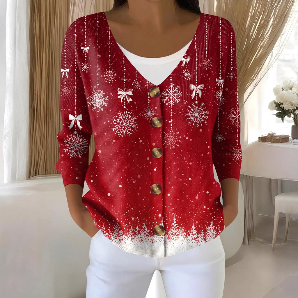 Women's Fashion Long Sleeve Christmas Snowman Snowflake Print Jacket Cardigan