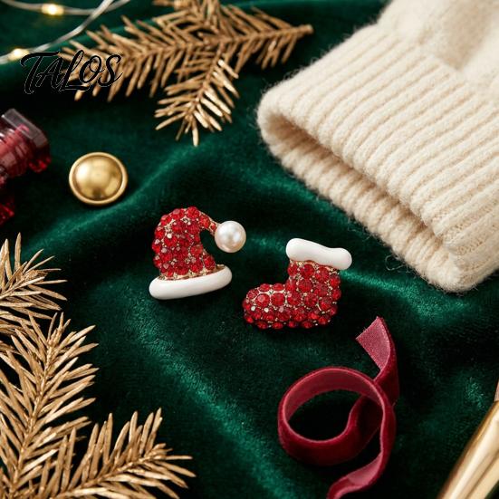Holiday Dangle Earrings 1 Pair Christmas Stud Earrings, Sparkly Red Rhinestone Stocking Dainty White And Santa Hat Jewelry Gifts for Women Comfortable