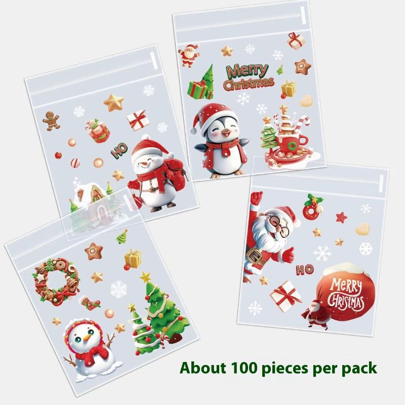 

100Pcs Christmas Gift Pouch Clear Self-Adhesive Bag For Candy Cookie Packaging Christmas Party Favor Supplies Snack Baking Bag as the picture