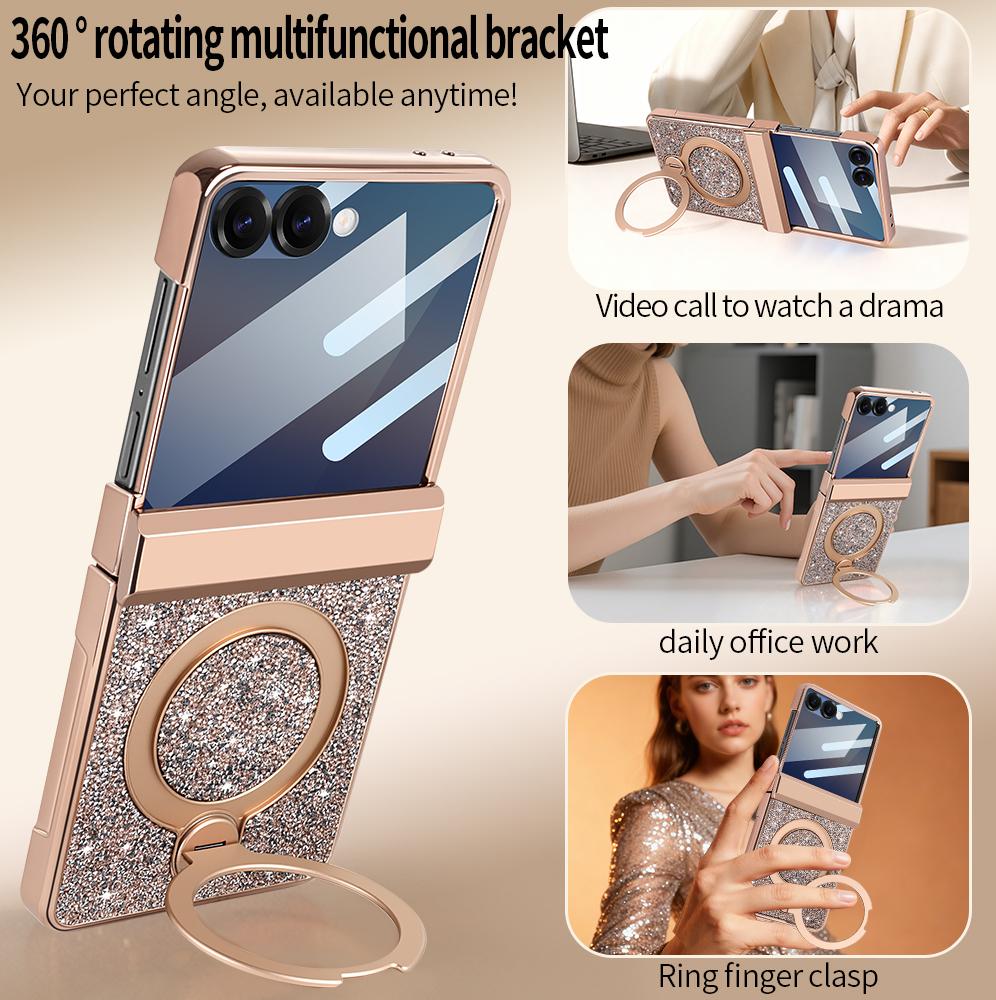 360 Rotating Bracket Luxury Magnetic Case for Samsung Flip 7 6 Full Protection Tempered Glass Screen Protector Kickstand Cover