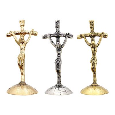 Metal Crucifix Cross with Base Traditional Desktop Ornament 3inch Tall for Church Decor Portable Durable Fine Workmanship