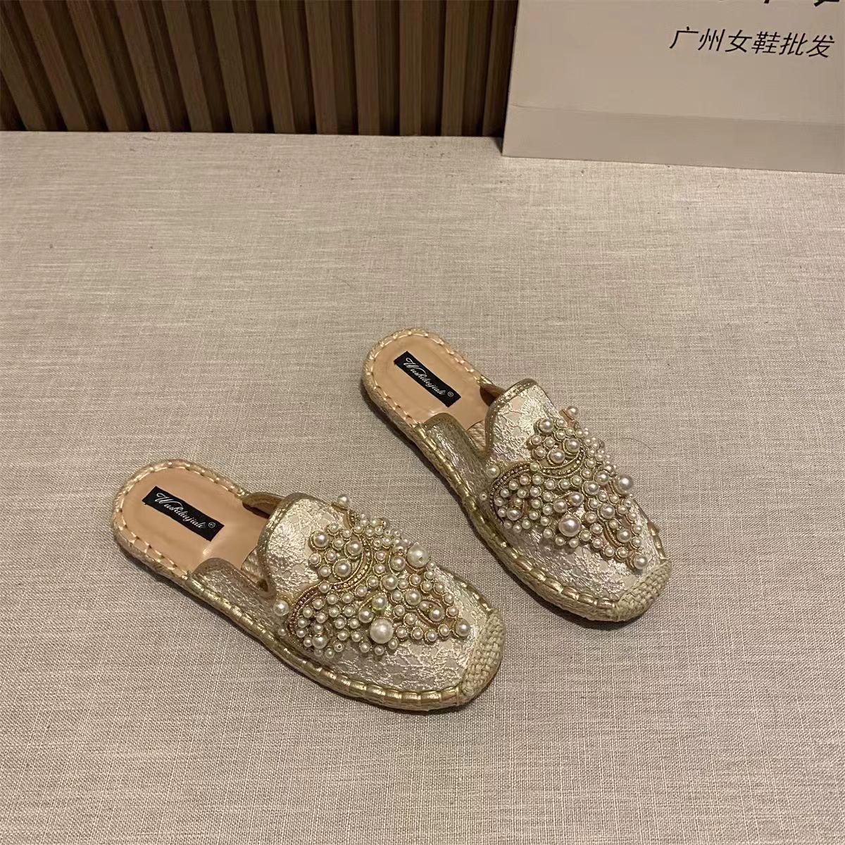 

Баотоу корейская версия туфли рыбака из плетеной соломки со стразами женские льняные на плоской подошве полузакрытые универсальные атласные кружевные ленивые женские туфли 43