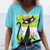 Summer V-neck 3D Cat Printed Top Fashionable Casual Short Sleeved Women's T-shirts