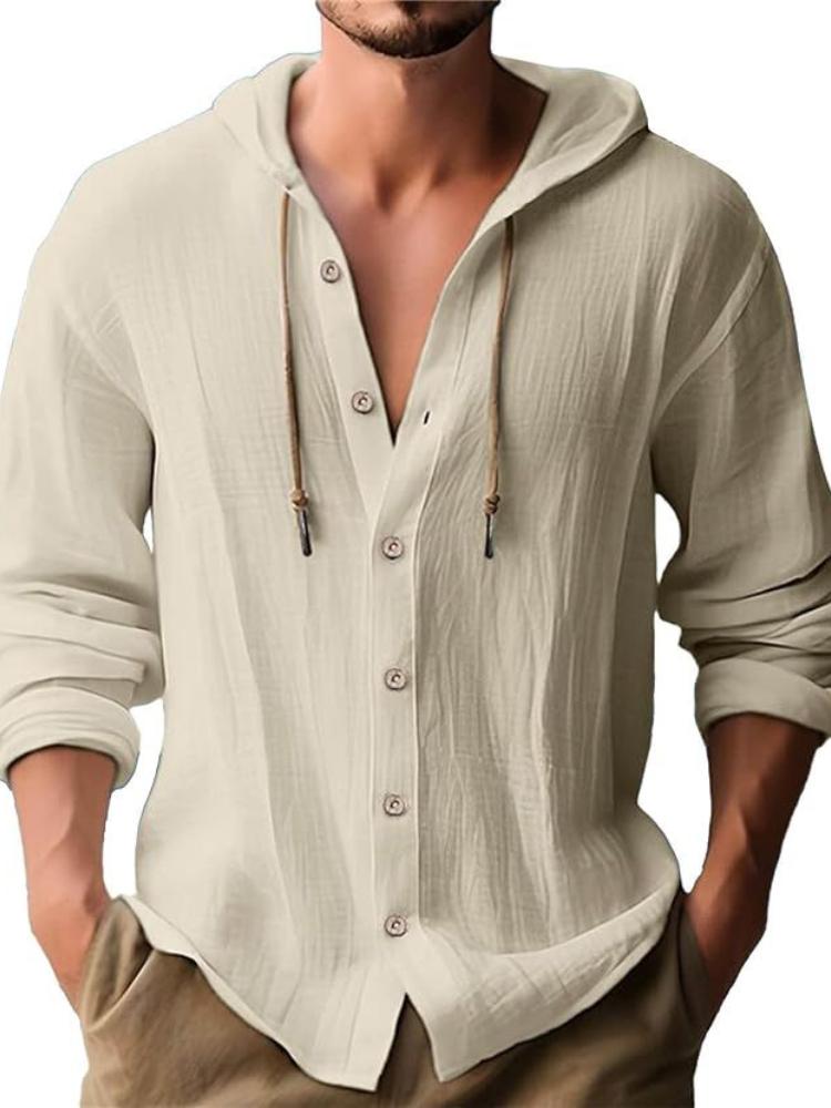 2025 New Men's Hooded T-shirt, Solid-color Cotton and Linen Men's Casual Long-sleeved Top