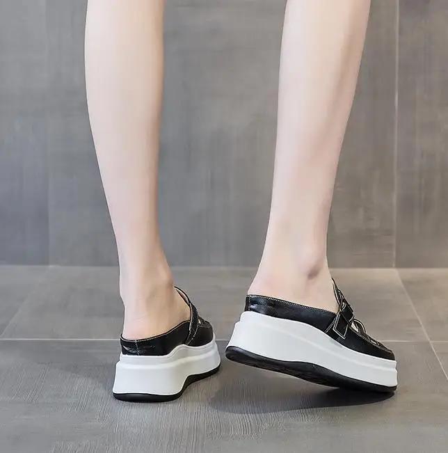 Fashion 7.5CM Patent Genuine Leather Platform Summer Hollow Weaving Breathable Pumps 2025 Spring Chunky Heels Mary Jane Slipper Shoes