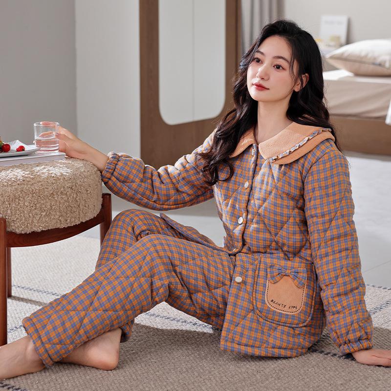 Pajamas Women'S Winter 2024 Three-Layer Thickened Velvet Woven Cotton Jacket Autumn And Winter Warm Loungewear