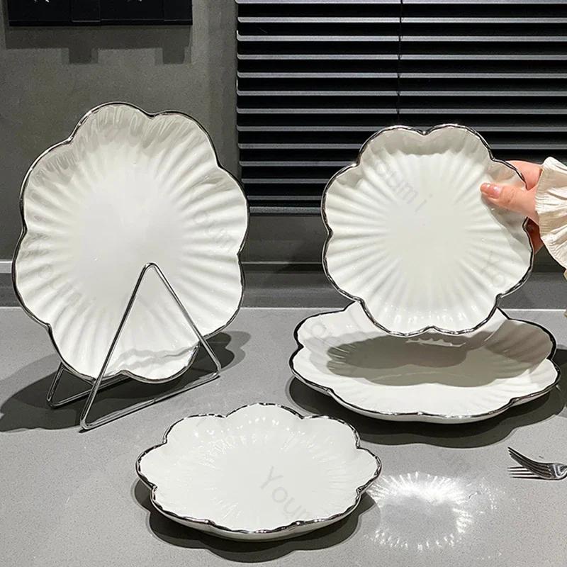 High End Solid Color Ceramic Plates Light Luxury Silver Edge Exquisite Dining Plate Household Delicious Dishes Plate Tableware