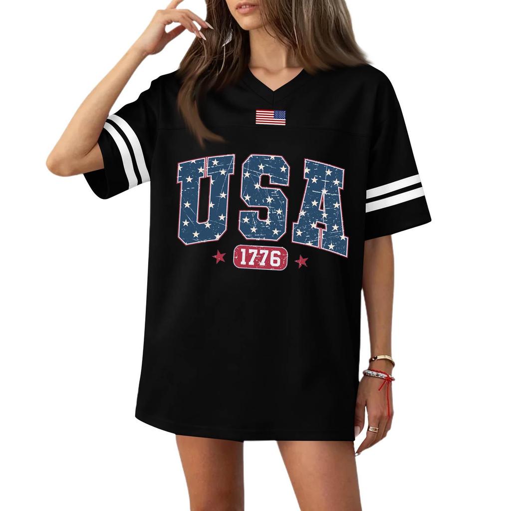 Damen Casual Mode V-Ausschnitt Sport Unabhängigkeitstag Druck Kurzarm Sport T-Shirt Top