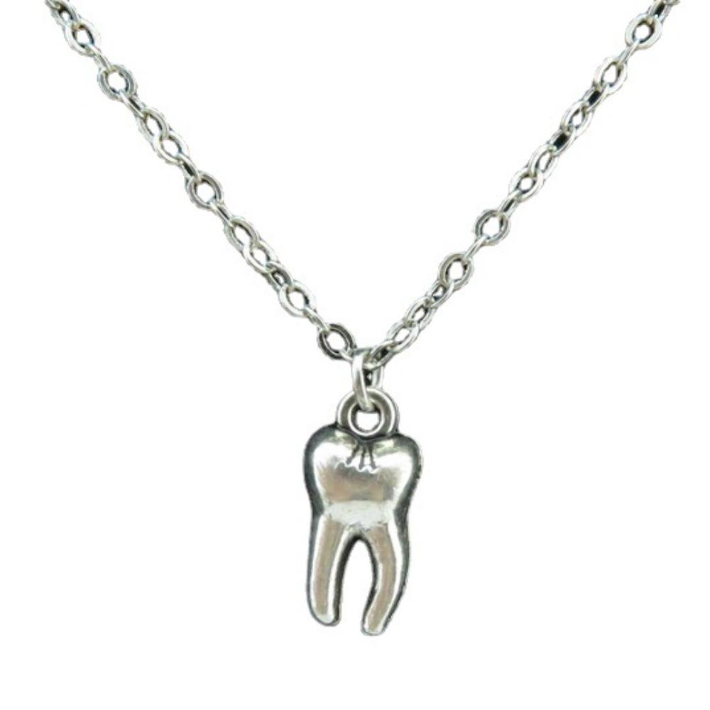 Retro Creative Silver Color Geometric Stereo Tooth Model Pendant Necklace for Women Men Medical Student Fashion Jewelry Gifts