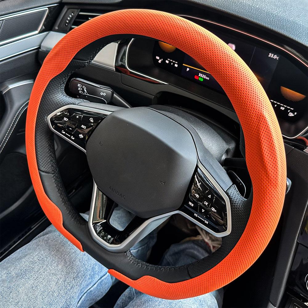 Leather Round Car Steering Wheel Cover Flat-Bottom Breathable Comfortable Feel Steering Wheel Cover D-type Steering Accessories