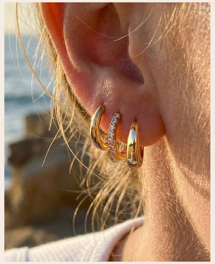 3 Pcs Gold Plated Hoop Set Earrings Zirconia Huggies Chunky Oval Stackable Women Hypoallergenic Helix Multiple Piercings