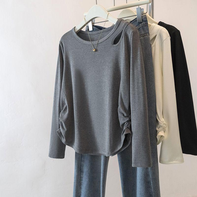 

Women s Plus Size Irregular Pleated Long Sleeve Hollow-Out T-shirt - Slimming Korean Style, 2025 Spring Collection Small серый