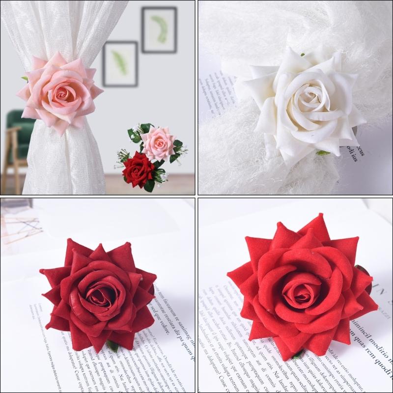 Balení 4 záclonových držáků Klipy Elegantní umělá růže Držák na okenní závěsy Držáky pro domácí svatební dekorace