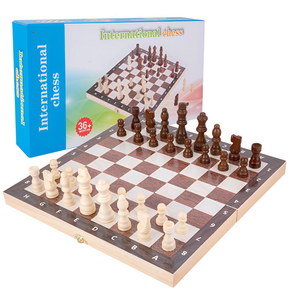 Reversible Wooden Board for Chess,24 Interlocking Wooden Checkers and 32 Standard Chess Pieces for Age 8 To Adult for Family Fun