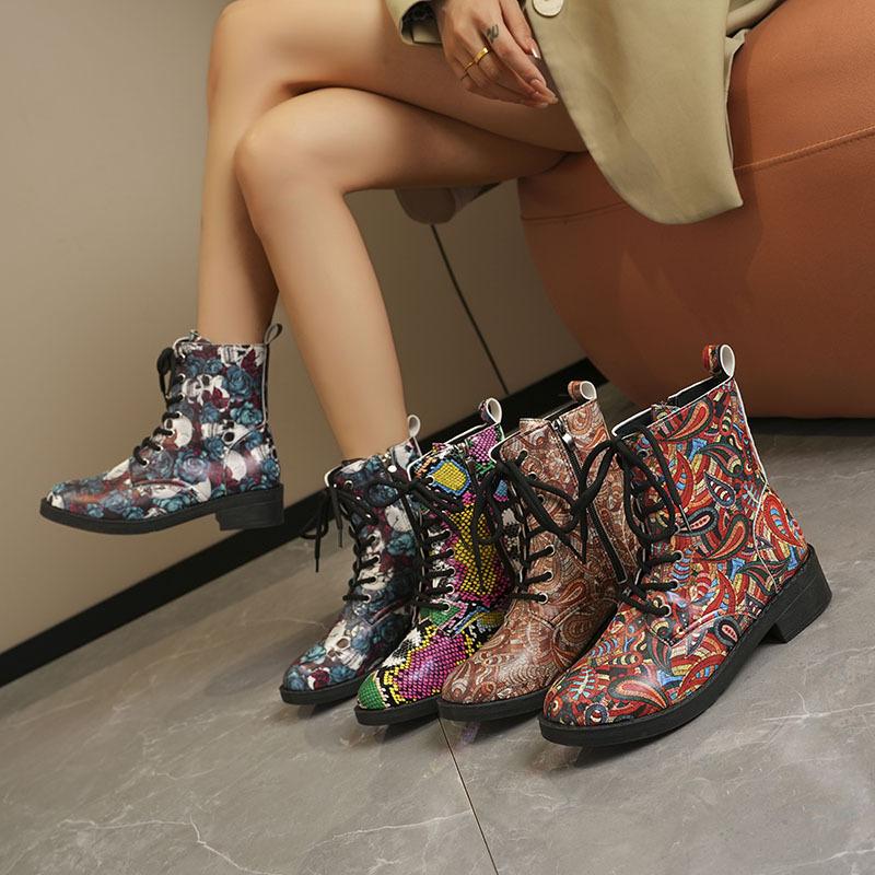 Large Casual Thick Soles Snow Boots Autumn Winter Lace Up Middle Tube PU Martin Boots Printed Multiple Colors Shoes 35-43