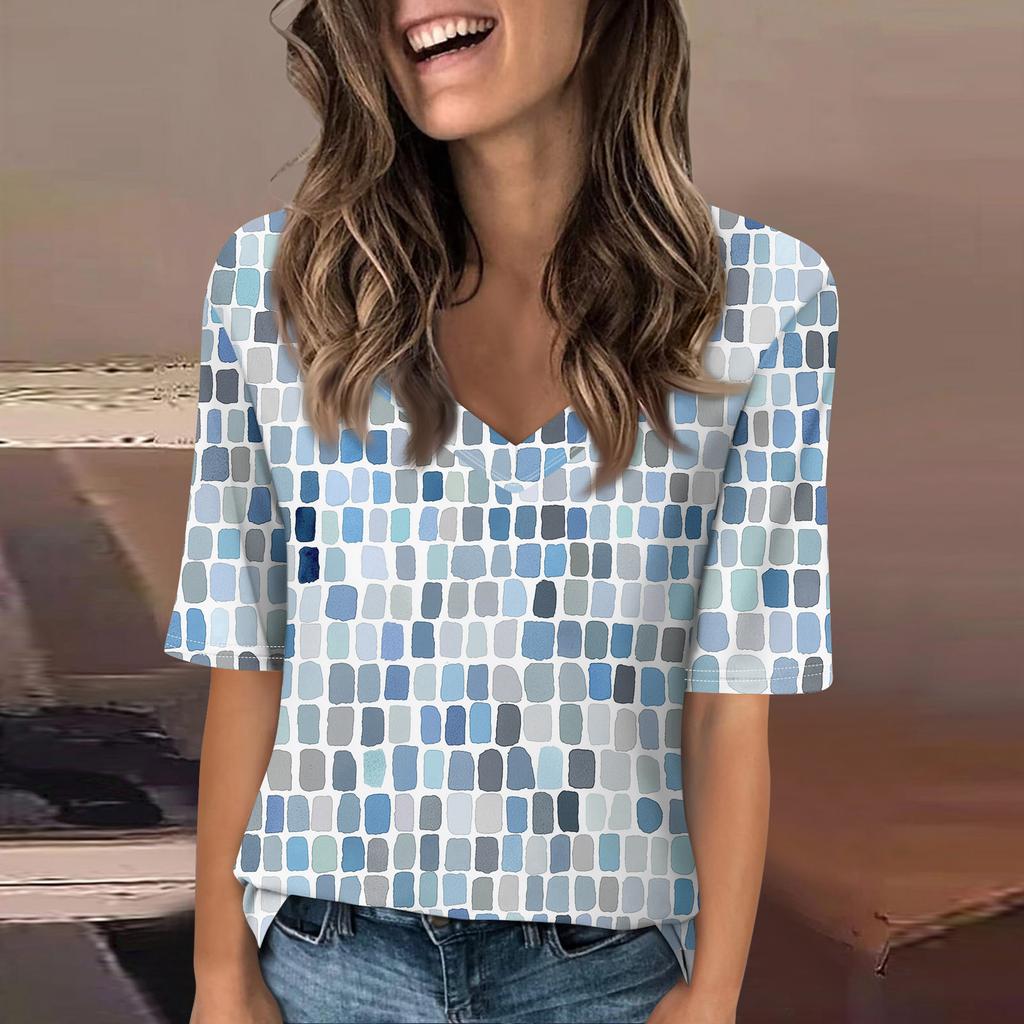 Women's Fashionable Casual Short-sleeved Five-quarter Sleeve Floral Print V-neck Top