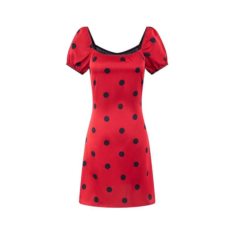 

Minnie Bobo Realisat French style Retro Red Polka Dot off-Shoulder Collar Puff sleeve Pure Desire Dress Short dress Red-black wave dot L