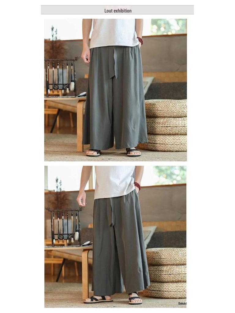 Men's Wide-Leg Ice Silk Culottes - Chinese Style Hanfu Tang Suit Meditation Skirt Pants