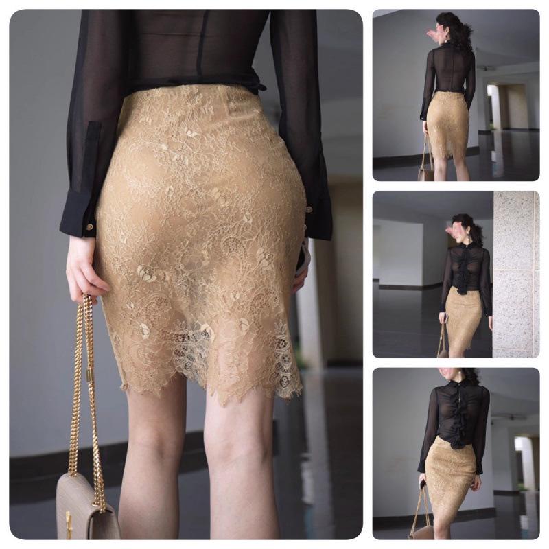 High-Waisted Lace Spliced Elegant 2025 Slimming Short Skirt XL