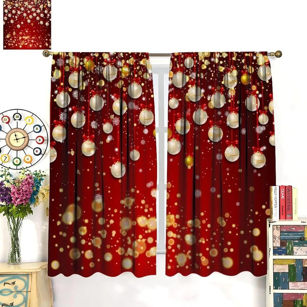 Jit Glittering Ornaments Curtains Xmas Window Decor Holiday Home Curtain Light Blocking Set Of 2 Made Polyester With Rod Pocket