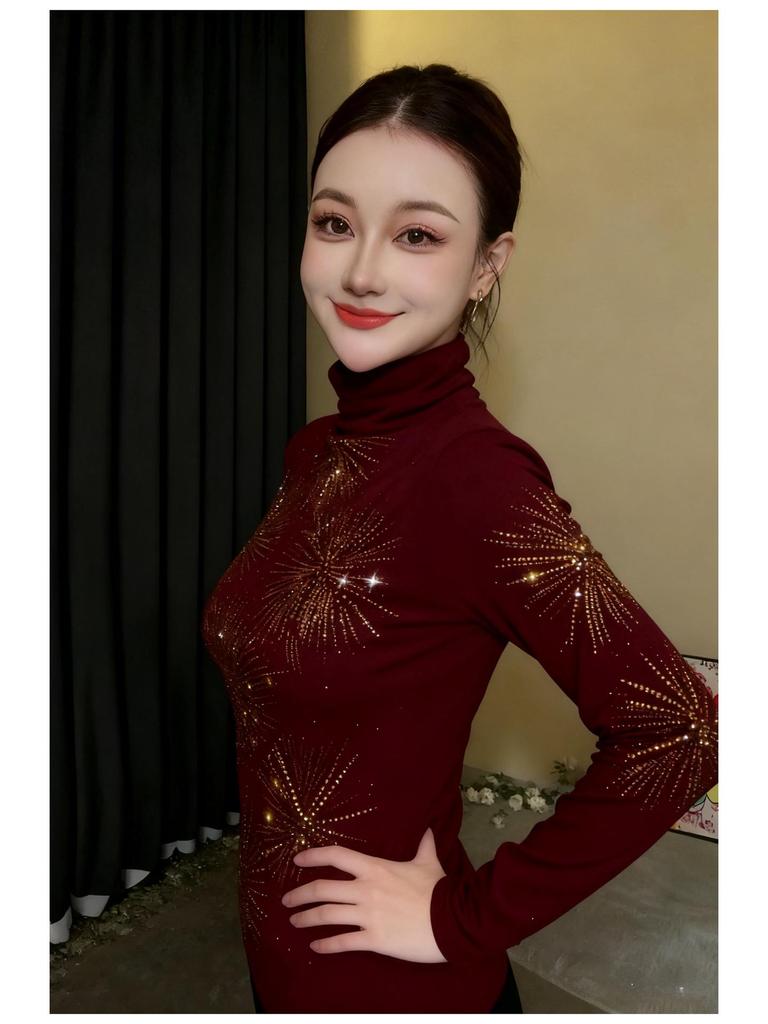 Top da Donna De Rong Autunno/Inverno con Strass, Manica Lunga, Scollo Semi-Alto