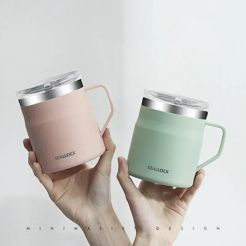 1Pcs 304 Stainless Steel Coffee Mugs Portable Cups Heat Insulation Anti-fall Thermos Mug Home with Cover and Handle Mug