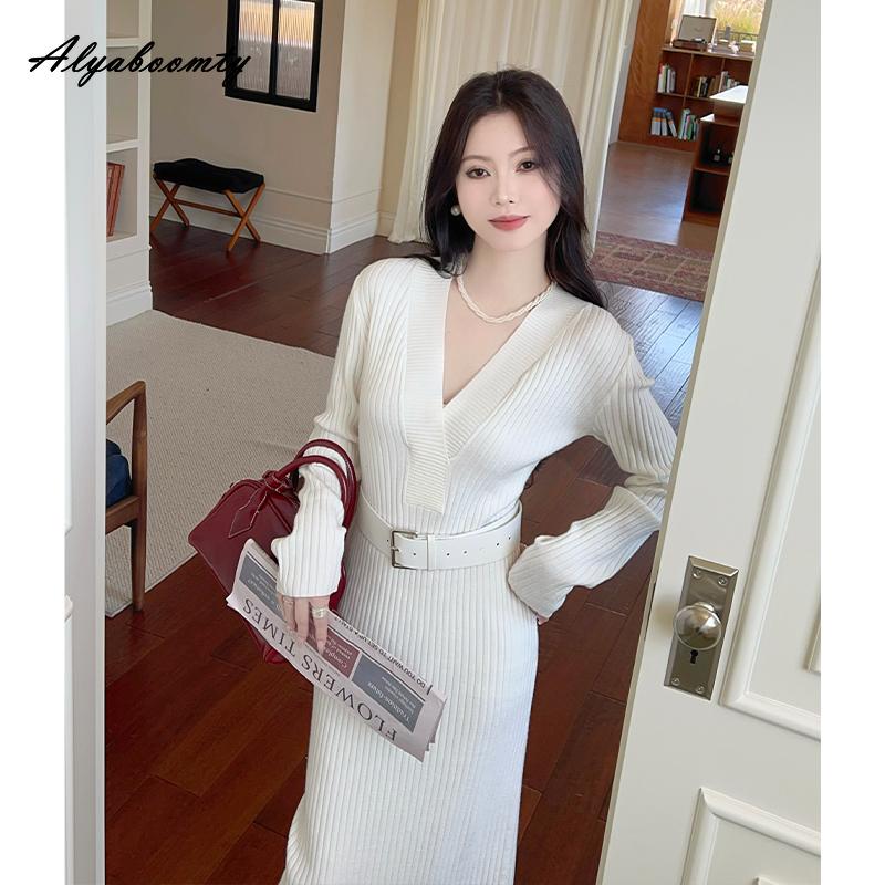 Korean Style Autumn Winter Women Warm Sweater Dress V Neck Beige Black Red Knitting Dress Knitted Office Lady Dress With Belt