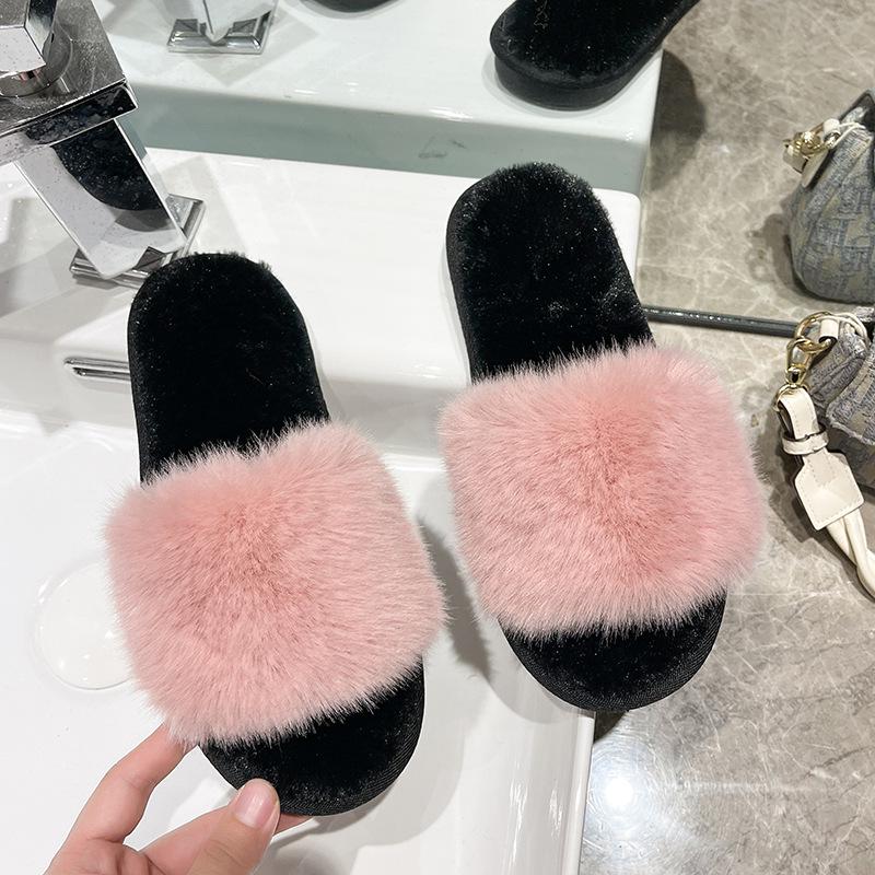 Dames Pluizige Konijnenbont Open Teen Pantoffels - Effen Kleur, Casual Huisstijl