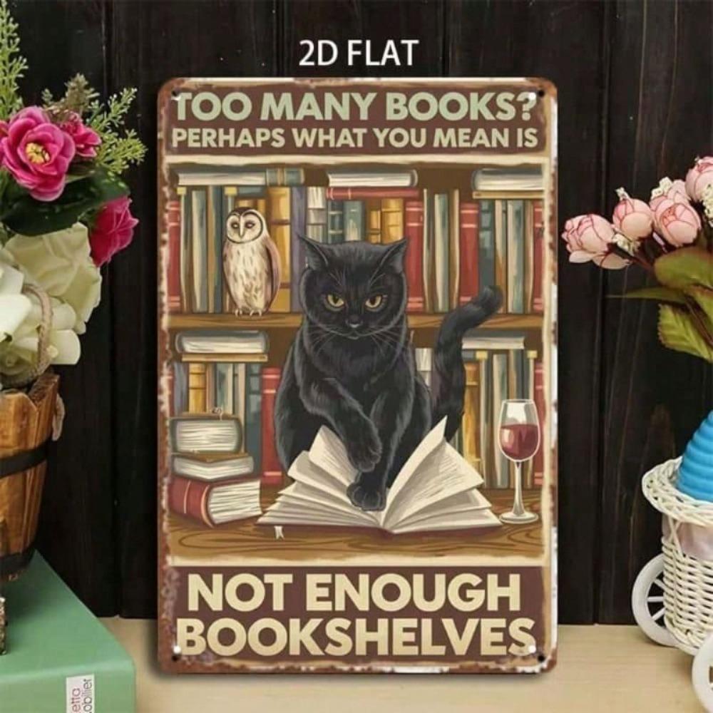 Vintage Metal Sign Black Cat Book Wall Decor Bar Home Office