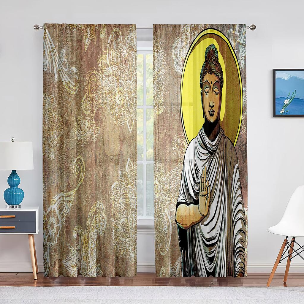 Buddhist Buddha Statue Golden Light Sunset Thin Curtain for Living Room Kitchen Window Bedroom Decor Curtains 2panels Rod Pocket