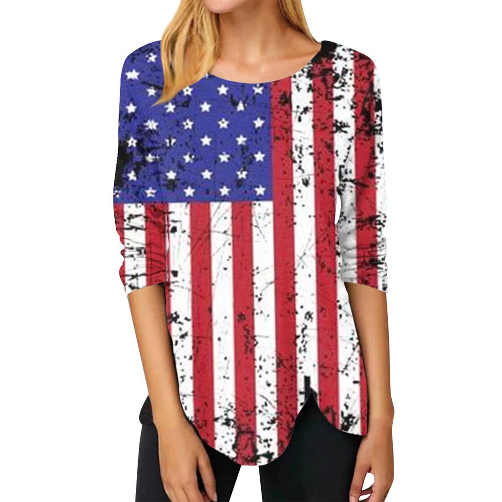 Naiste iseseisvuspäeva moodne vabaaja ümmargune kaelus, pikkade varrukatega ebakorrapärase värviga sobiv trükitud pikkade varrukatega T-särk