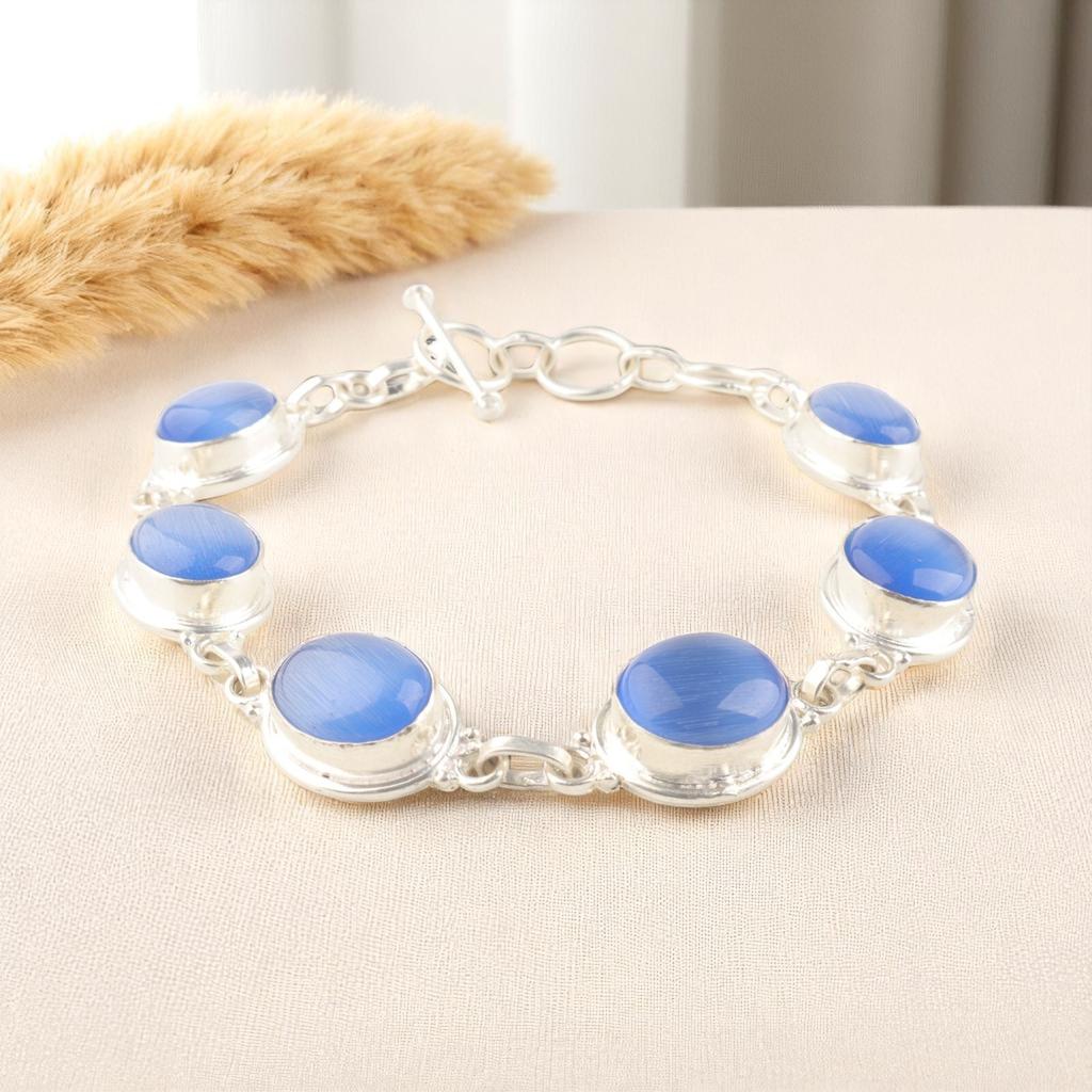 Natural Dark Blue Cat's Eye Gemstone 925 Sterling Silver Handmade Bracelet 8.5" RB-3-30
