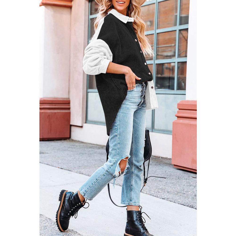 Women's Loose Casual Color Blocked Lapel Button Long Sleeved Shirt Top Long Sleeved Shirt
