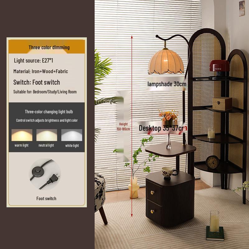 French Mid-Century Smart Bedside Table: Solid Wood, Integrated Lamp, Creative Storage Shelf