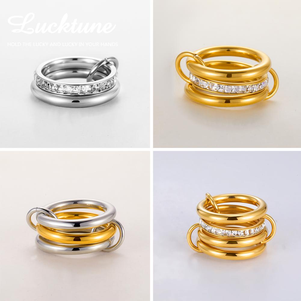 Lucktune Elegant Multiple Layer Stackable Rings Shiny Zircon Women's Finger Ring Stainless Steel Minimalist Gold Color Jewelry