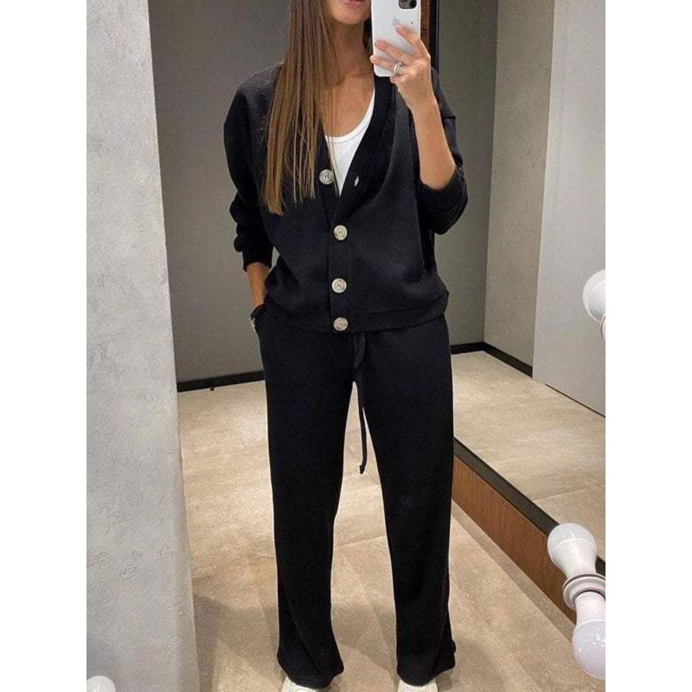 Women's O Neck Long Sleeve Loose Fit Button Front Cardigan Two Piece Outfit Drawstring Waist Straight Pants Autumn Casual Loungewear Pant Set