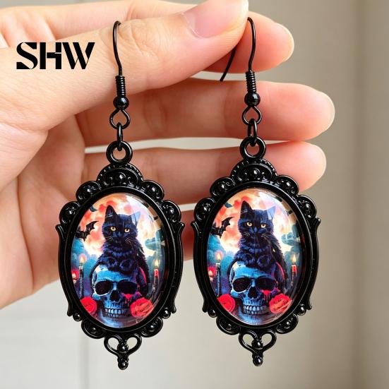 Versatile Dark Style Daily Wear Accessories 1 Pair Halloween Gothic Black Cat Earrings for Women, Vintage Jewelry with Skull Bat Patterns Punk Dangle