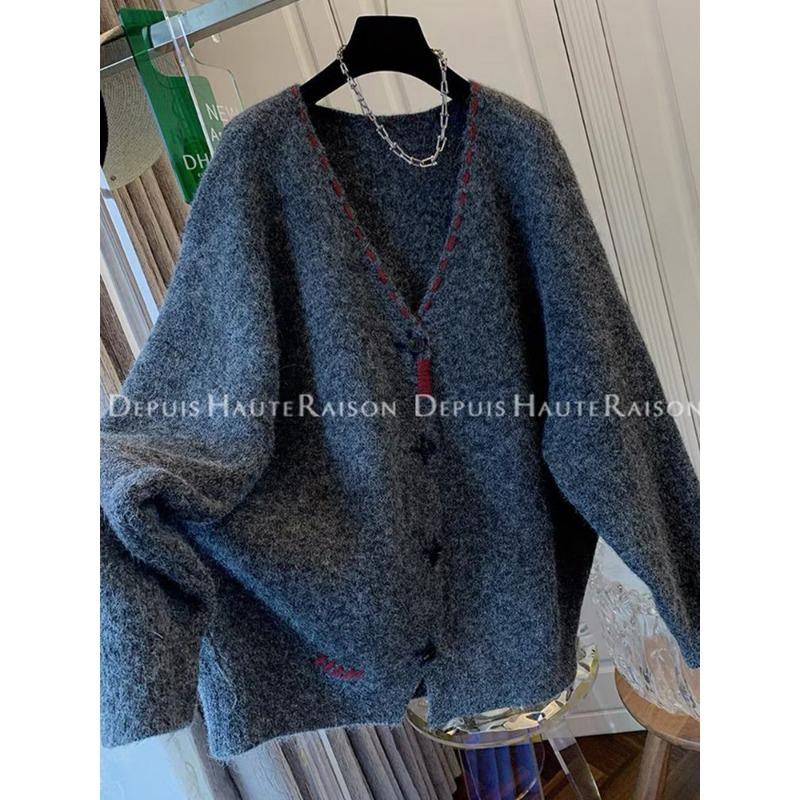 Lazy Style Retro Hand-stitched Large Sweater Jacket Women Loose Spring Autumn Thick Mid-length Knitted Cardigan