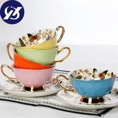 European Bone Cna Coffee Cup Colorful Porcelain Butterfly Ceramic Tea Cup And Saucer Set British Office Teacup Drinkware Gift