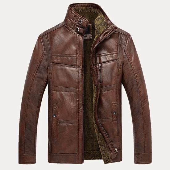 Men Long Sleeve Stand Collar Faux Leather Fleece Lined Zip Warm Short