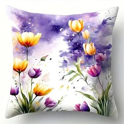 Home Decor Colorful Floral Watercolor Pattern Pillow Covers Pattern Cushion Cover Suitable for Sofa Bedroom Car Pillow Cover