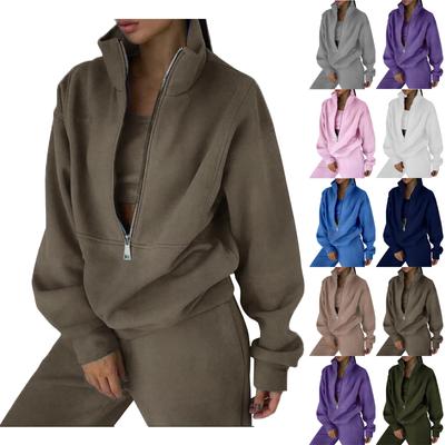 סט אימונית 2 חלקים לנשים, סט סווטשירט אוברסייז שרוול ארוך עם חצי רוכסן ומכנסי עפרון, סט מכנסי טרנינג רגל רחבה, חליפת טרנינג