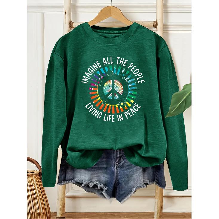 Women's Letter Print Long Sleeve English letter print, round neck, casual style, loose fit, autumn and winter T Shirt Fashionable vintage-style tops