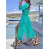 Women'S Chiffon Leopard Print Beach Cover-Up Dress - V-Neck, Long Sleeve, Tie-Waist, Lightweight & Breathable, Casual Beach Dress